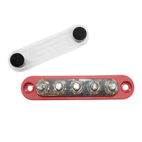 Top-down view of red 5-stud busbar with clear protective cover removed