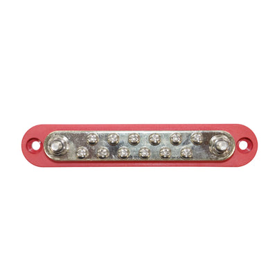 Top-down view of red 150A busbar showing 2 M6 studs, 12 screw terminals and mounting holes