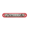 Top-down view of red 150A busbar showing 2 M6 studs, 12 screw terminals and mounting holes