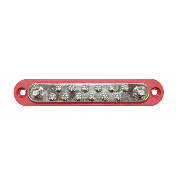 Top-down view of red 150A busbar showing 2 M6 studs, 12 screw terminals and mounting holes