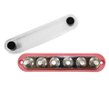 Red 300A busbar with six M10 studs and a detached clear protective cover next to it