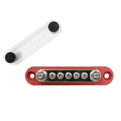 Top-down view of red 150A busbar with transparent cover removed showing stud and screw terminals