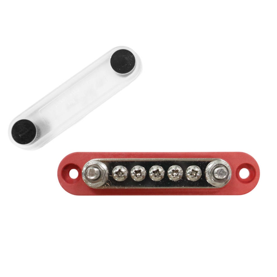 Top-down view of red 150A busbar with transparent cover removed showing stud and screw terminals