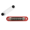 Top-down view of red 150A busbar with transparent cover removed showing stud and screw terminals