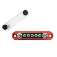 Top-down view of red 150A busbar with transparent cover removed showing stud and screw terminals