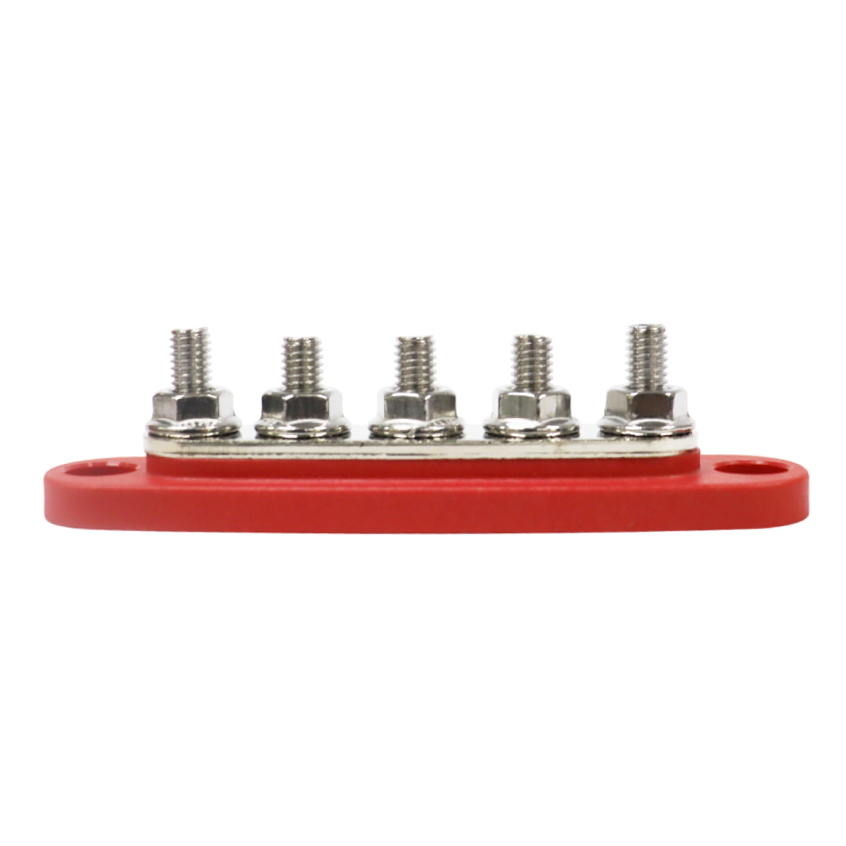 Side profile of red busbar showing stud height and base thickness