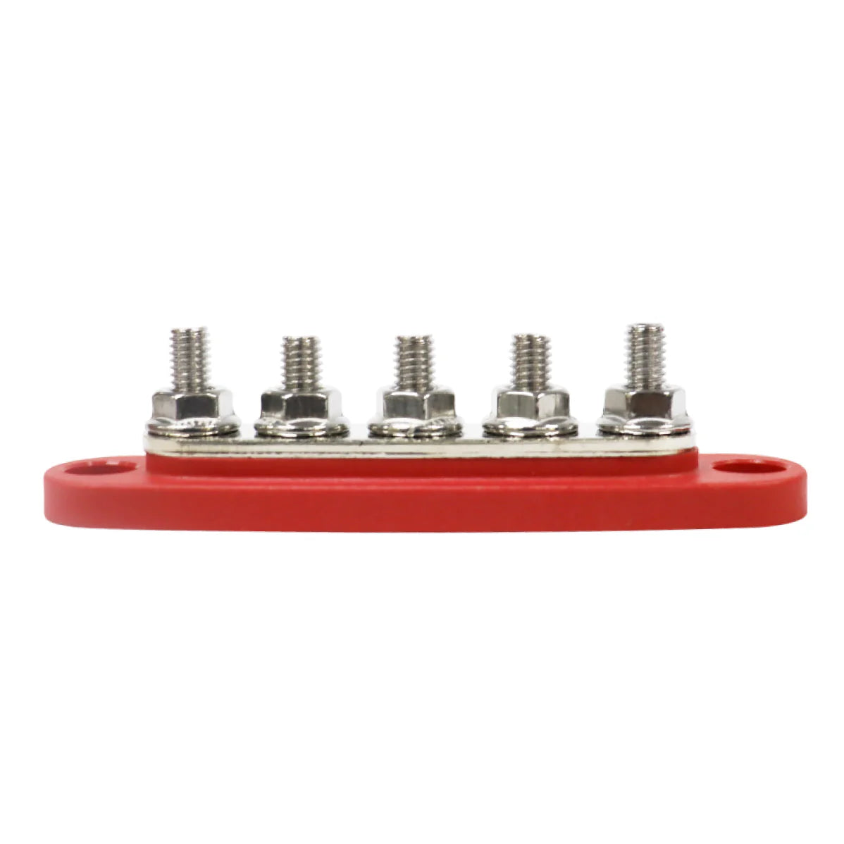 Side profile of red busbar showing stud height and base thickness