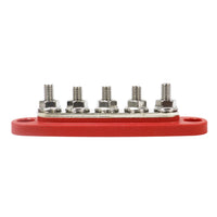 Side profile of red busbar showing stud height and base thickness