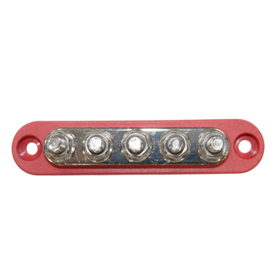 Top-down view of red busbar showing five tin-plated copper studs