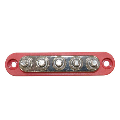 Top-down view of red busbar showing five tin-plated copper studs