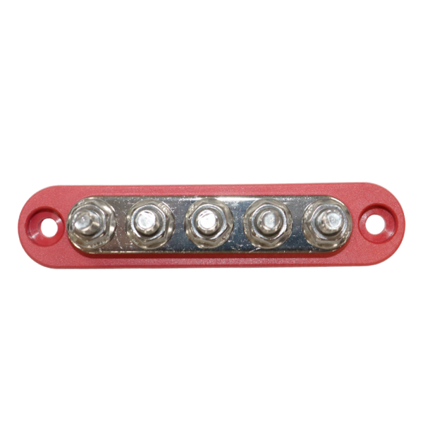 Top-down view of red busbar showing five tin-plated copper studs