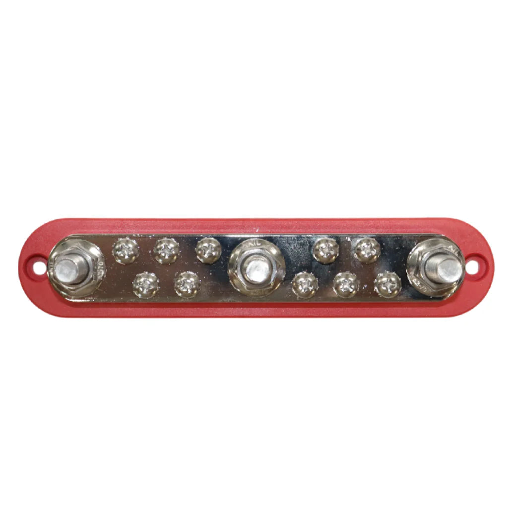 Top-down view of 300A busbar showing three large studs and ten screw terminals