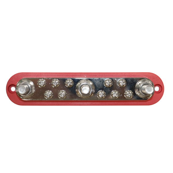 Top-down view of 300A busbar showing three large studs and ten screw terminals