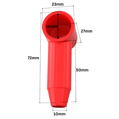Technical dimensional drawing of red cable lug cover showing 18mm cap ID and 72mm total length
