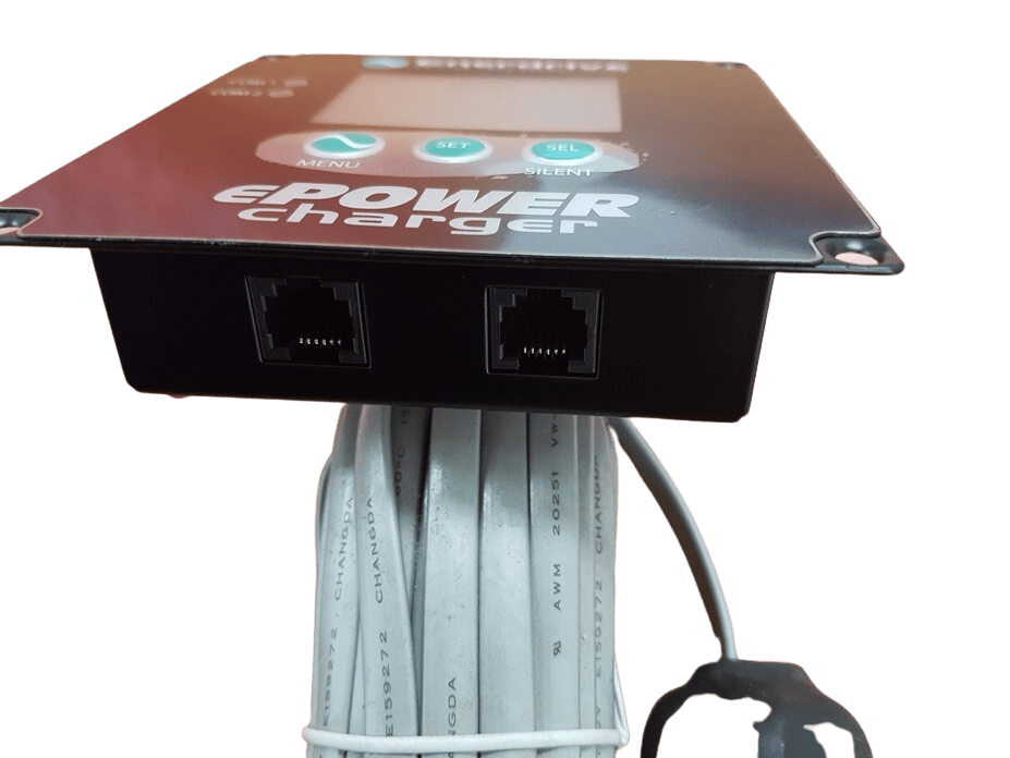 Side view of charger remote panel showing dual RJ45 communication ports and mounting flange