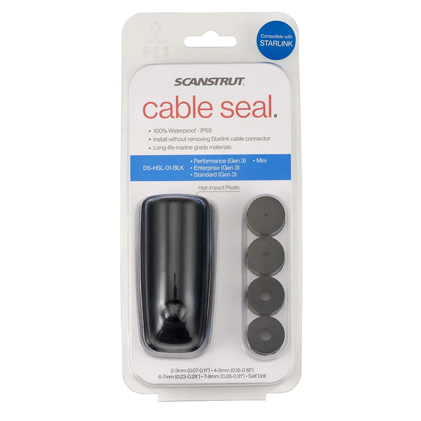 Retail packaging for the Scanstrut horizontal cable seal highlighting Starlink compatibility