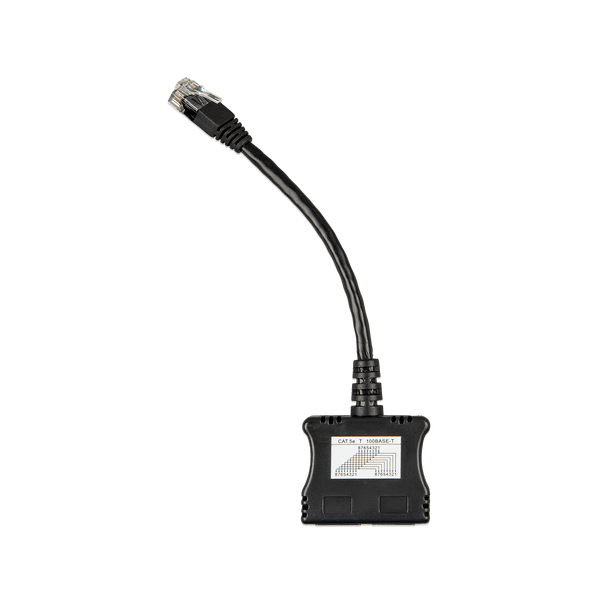 Top view of RJ45 splitter showing technical CAT 5e wiring pinout diagram
