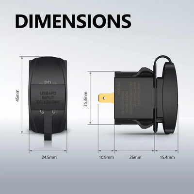 Technical drawing showing dimensions of the rocker mount USB socket
