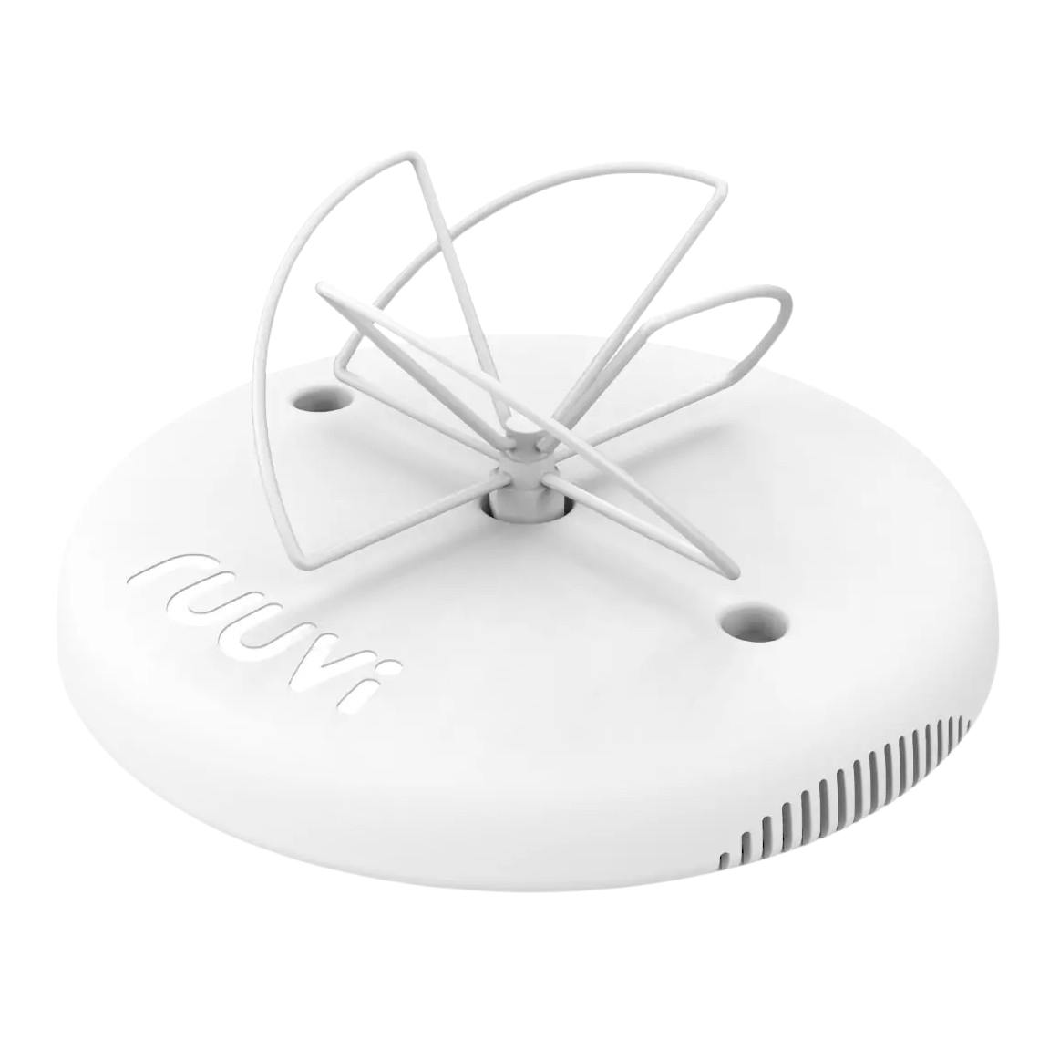 Angled view of white circular gateway with embossed logo and wire cloverleaf antenna