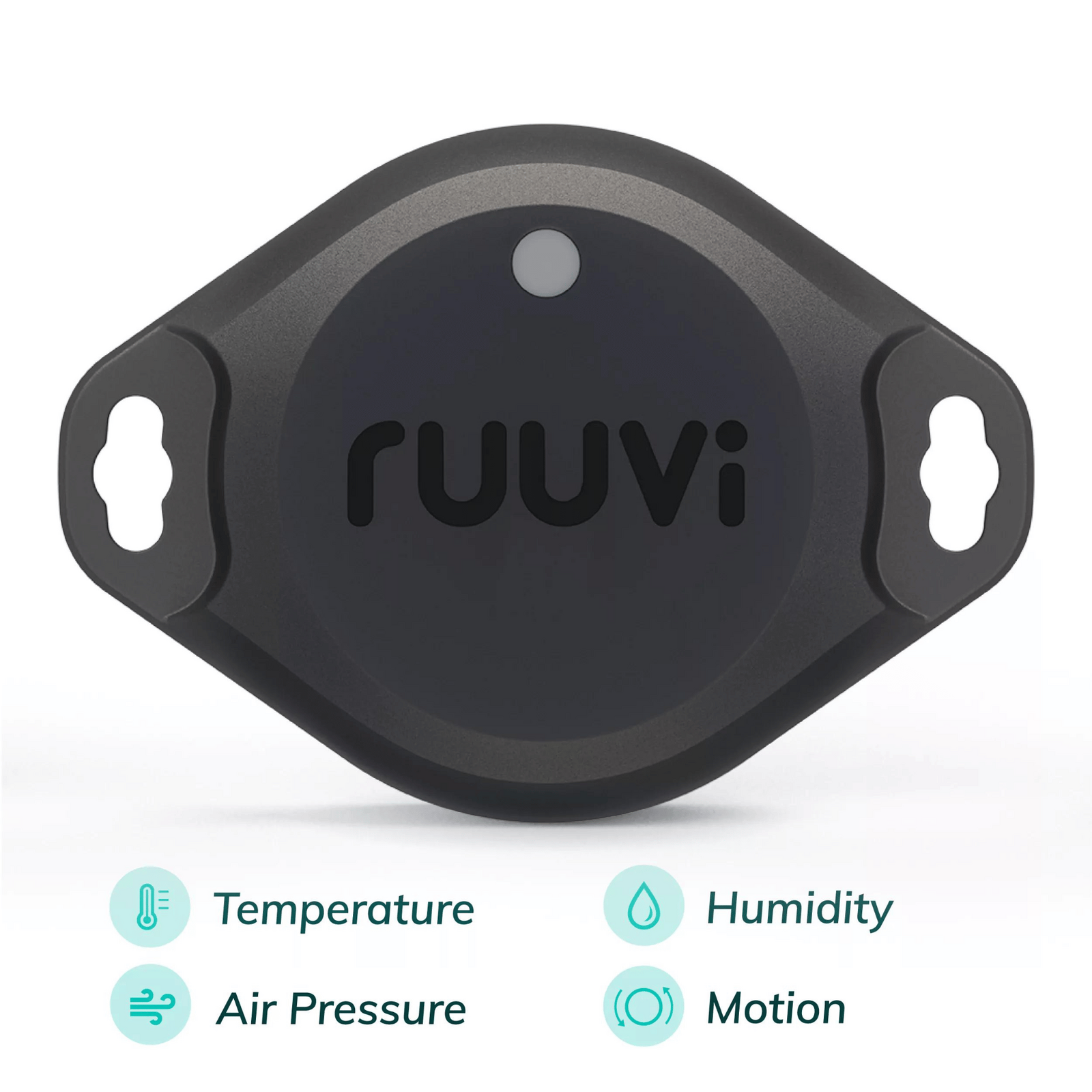 Front view of RuuviTag Pro sensor with icons indicating temperature, humidity, air pressure and motion sensing capabilities