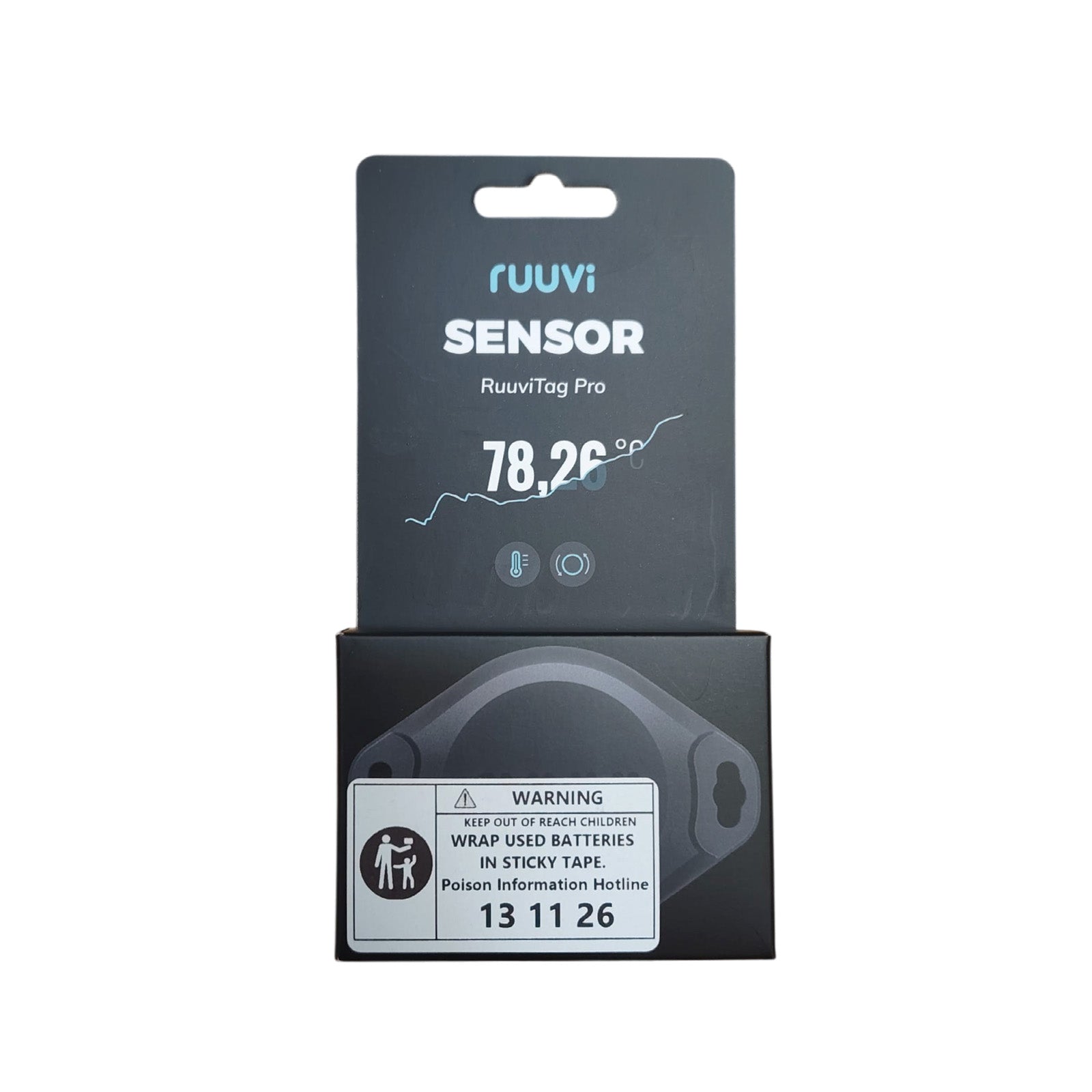 RuuviTag Pro 2-in-1 industrial sensor retail box with temperature and motion icons