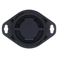 Back of black RuuviTag Pro sensor showing twist-lock battery cover and mounting holes