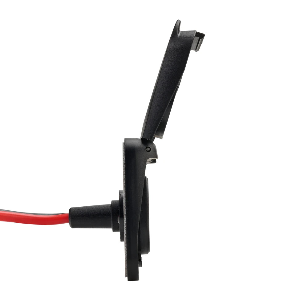 Side view of SAE solar input socket showing pre-wired cable and open cover
