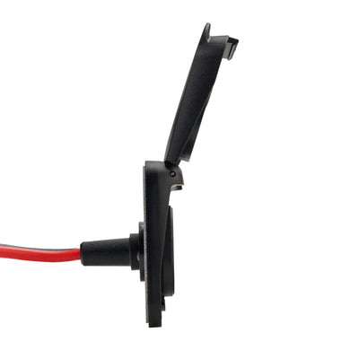 Side view of SAE solar input socket showing pre-wired cable and open cover