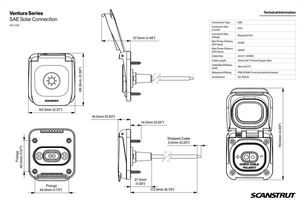 Dimensional drawing showing measurements of the SAE solar input socket