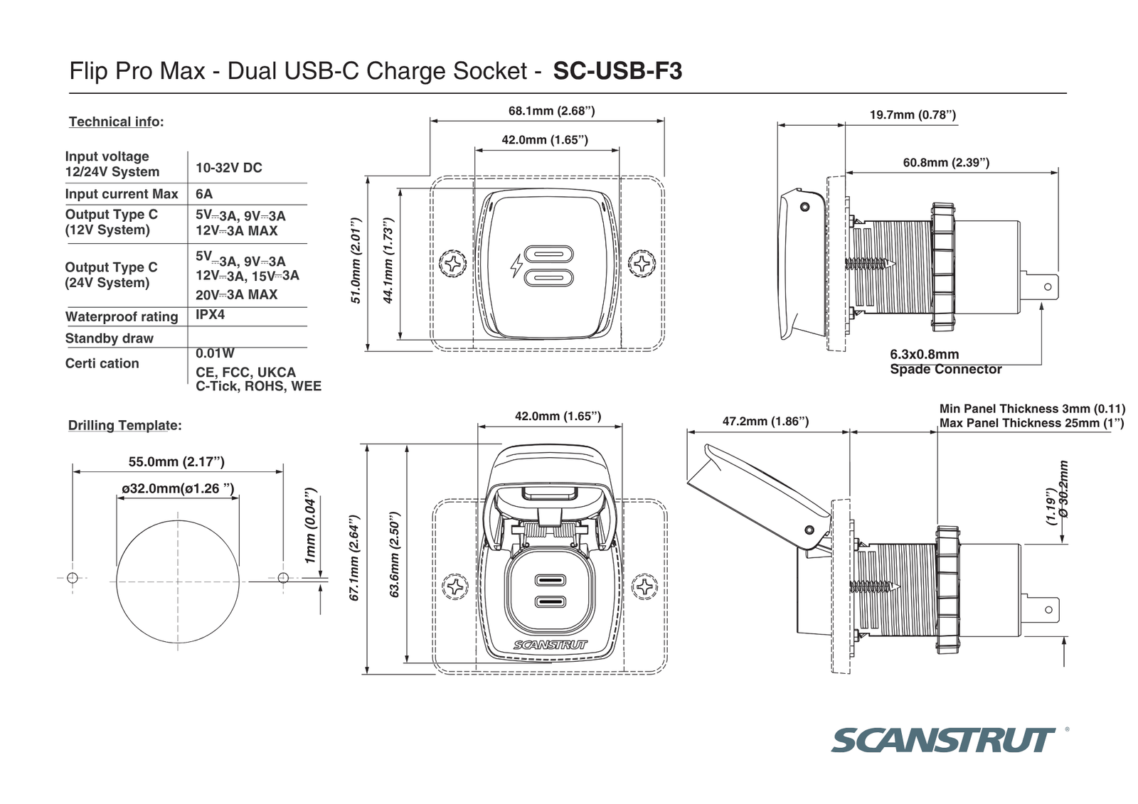 Scanstrut Flip Pro Max Dual USB-C Charge Socket