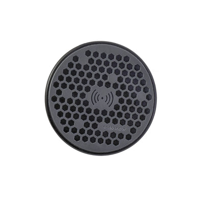 Top-down view of round black waterproof wireless charger with honeycomb grip pattern