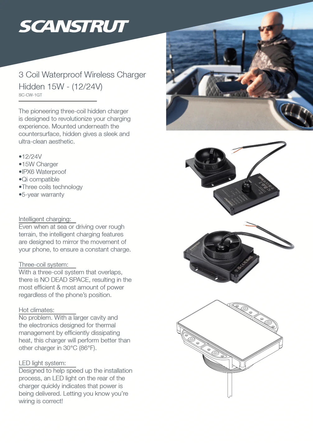 Product features infographic for the Scanstrut 15W hidden 3-coil waterproof wireless charger