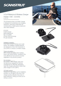 Product features infographic for the Scanstrut 15W hidden 3-coil waterproof wireless charger
