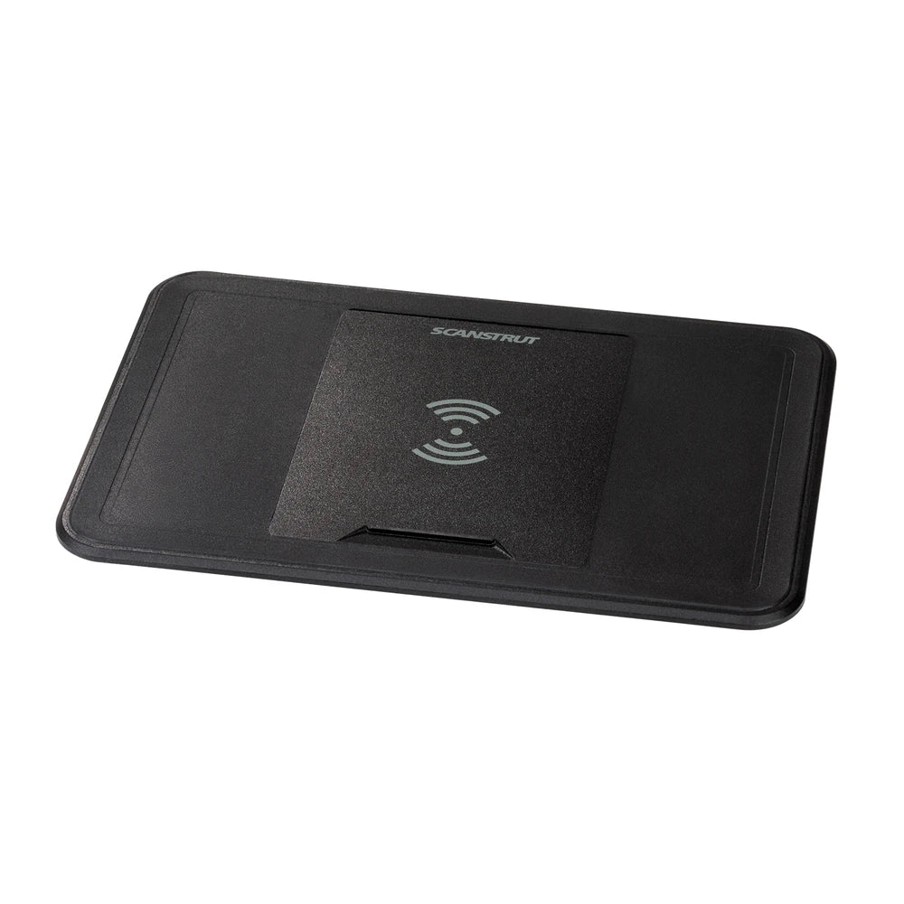 Angled view of a black 15W waterproof recessed-mount wireless charger