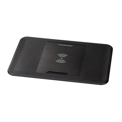 Angled view of a black 15W waterproof recessed-mount wireless charger