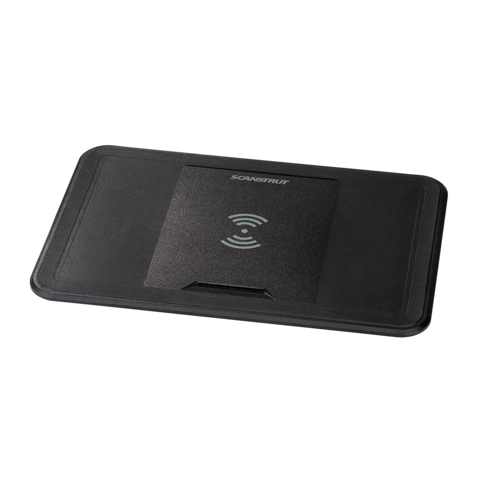Angled view of a black 15W waterproof recessed-mount wireless charger