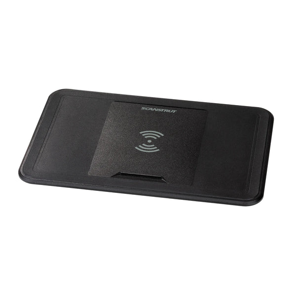 Angled view of a black 15W waterproof recessed-mount wireless charger