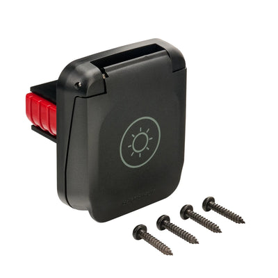 Closed black solar input socket with sun icon and mounting screws on white background