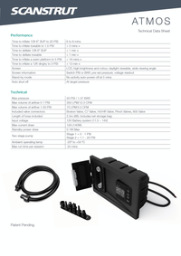 Technical data sheet for Scanstrut ATMOS showing performance specs and air flow volumes