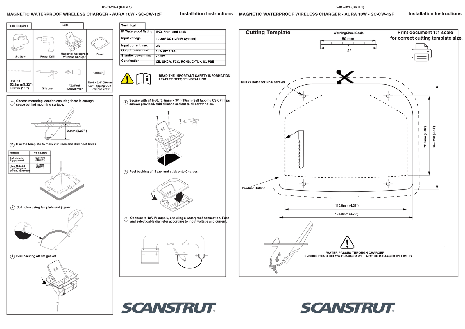 Installation instructions and 1:1 scale cutting template for Aura wireless charger