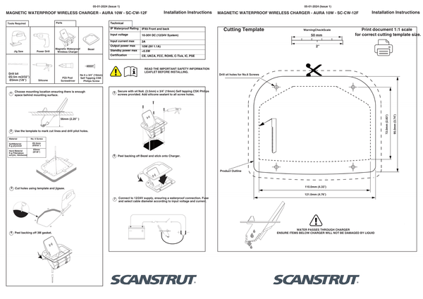 Installation instructions and 1:1 scale cutting template for Aura wireless charger