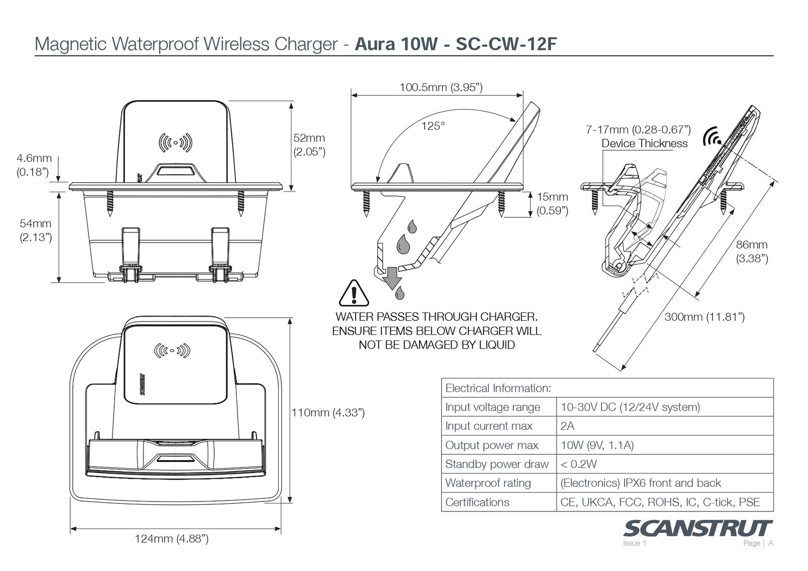 Technical drawing showing dimensions and mounting depth for Aura wireless charger