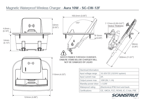 Technical drawing showing dimensions and mounting depth for Aura wireless charger
