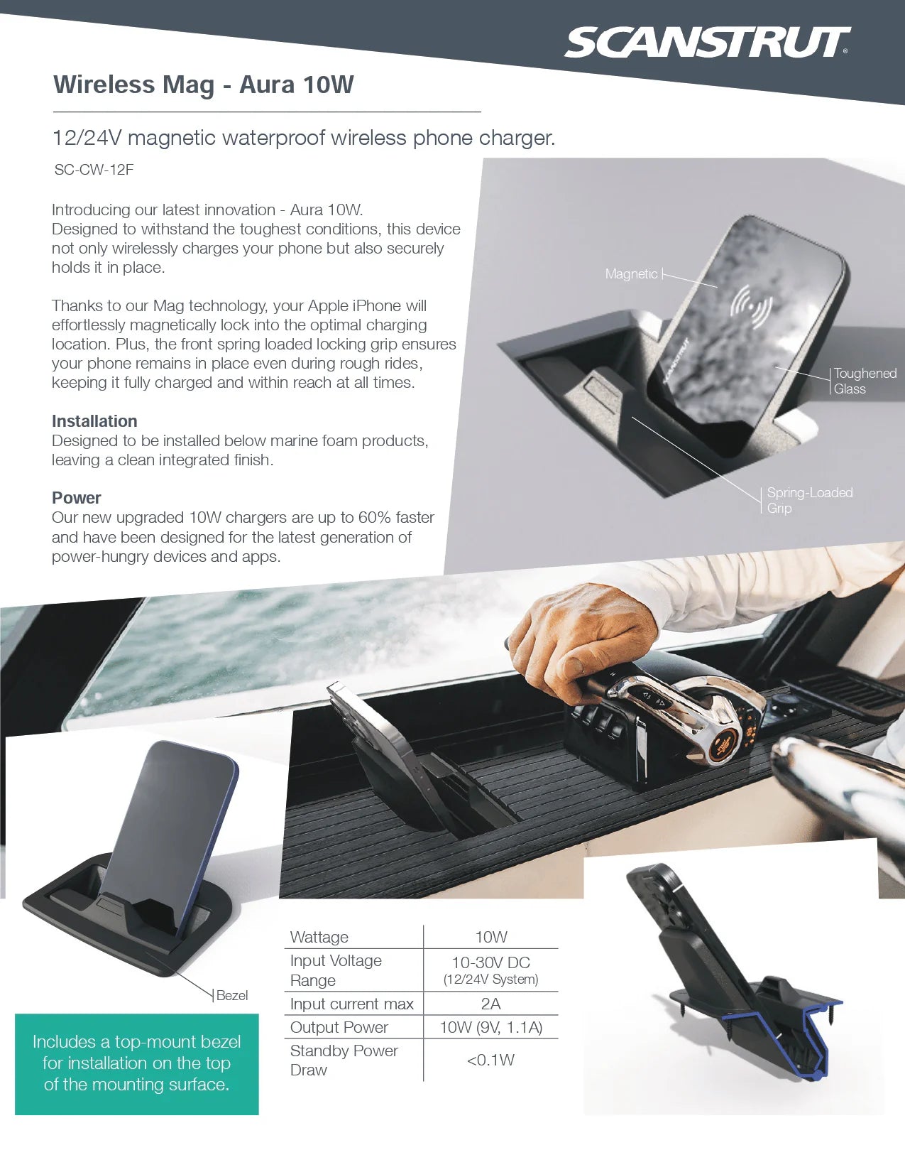 Feature and specification sheet for the Aura 10W magnetic wireless charger