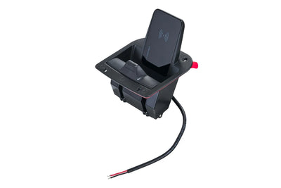 Technical view of Aura wireless charger showing mounting points and wiring tail
