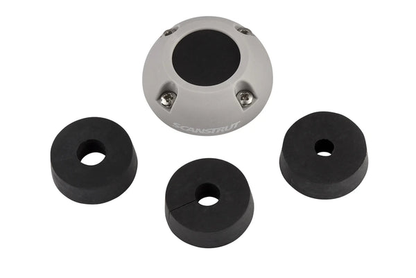 Scanstrut cable seal housing shown from above with three various sized black rubber bungs