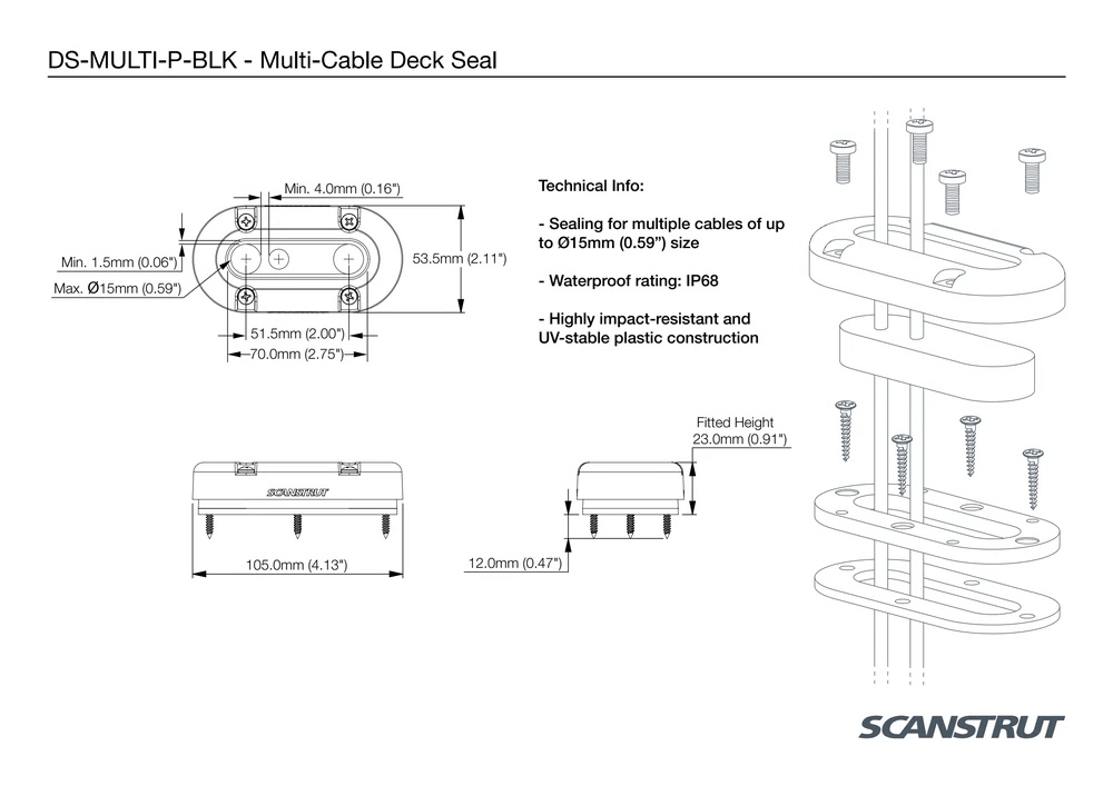Technical drawing showing dimensions of the vertical multi cable seal in millimetres and inches