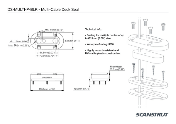 Technical drawing showing dimensions of the vertical multi cable seal in millimetres and inches