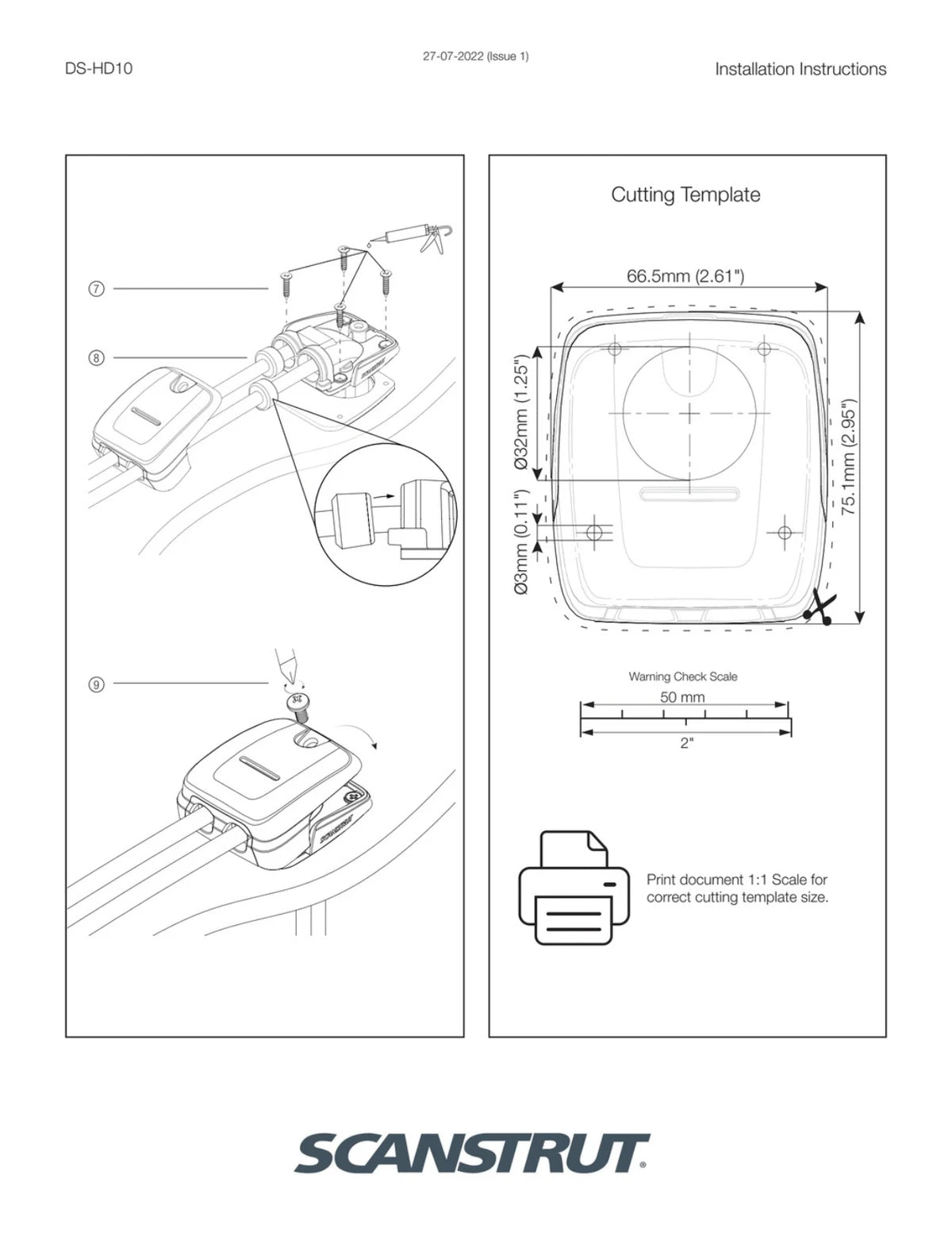 Installation guide showing cutting template and assembly steps