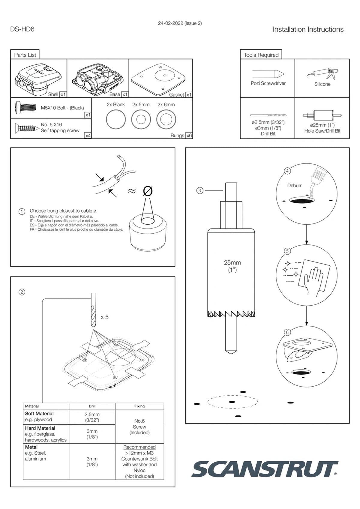 Installation guide for Scanstrut horizontal cable seal showing tools needed